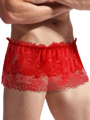 Mens Lace Skirted Bulge Pouch Thong Sissy Underwear