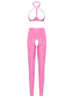 Womens 2pcs Wet Look Patent Leather Lingerie Set Clubwear