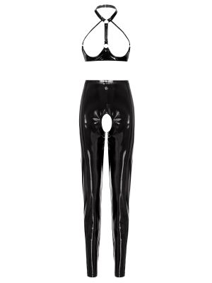 Womens 2pcs Wet Look Patent Leather Lingerie Set Clubwear