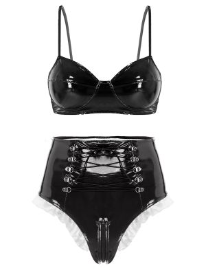 Womens PVC Wet-look Lingerie Set Bra Crop Top with Shorts 