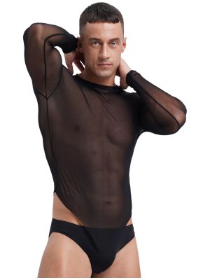 Mens Mesh See through Long Sleeve Bodysuit Lingerie