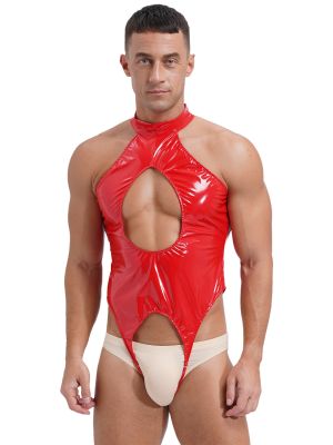 Mens Wet Look Patent Leather Cut Out Crotchless Catsuit 