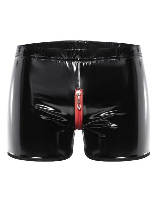 Mens Leather Zipper Button Openable Crotch Boxer Shorts 