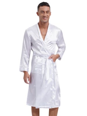 Mens Satiny Long Sleeve Bathrobe with Waist Belt
