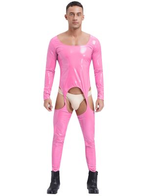 Mens Long Sleeve Wet Look Patent Leather Open Crotch Jumpsuit Clubwear