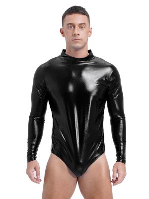Men's Shiny Metallic Long Sleeve Leotard Bodysuit 