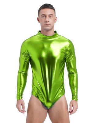 Men's Shiny Metallic Long Sleeve Leotard Bodysuit 