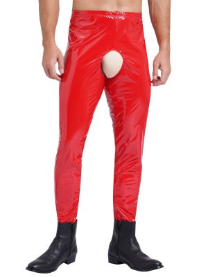 Mens Glossy Patent Leather Crotchless Pants Fancy Clubwear