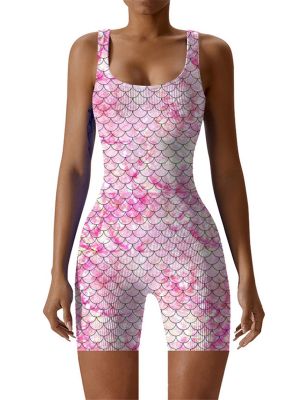 Womens Digital 3D Fishscale Print Bodysuit Ribbed Rompers