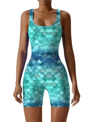 Womens Digital 3D Fishscale Print Bodysuit Ribbed Rompers