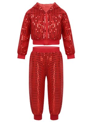 iEFiEL Kids Boys Girls Jazz Hip-hop Dance Costumes Shiny Sequins Hoodie Sweatshirt Jacket and Pants Set