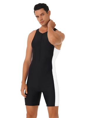 iEFiEL Mens One Piece Swimsuit Swimwear Athletic Spandex Jumpsuit Unitard Front Zipper Shorty Wetsuit