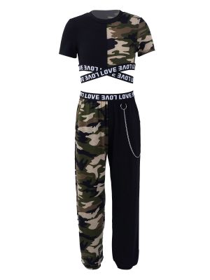 iEFiEL Kids Girls Jazz Modern Hip-hop Dance Costumes Shorts Sleeves Crop Tops and Harem Pants Tracksuit Set