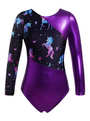 IEFIEL Kids Girls Gymnastics Leotards Athletic Long Sleeve Ballet Dance Leotards Colorful Print Bodysuit Dancewear 