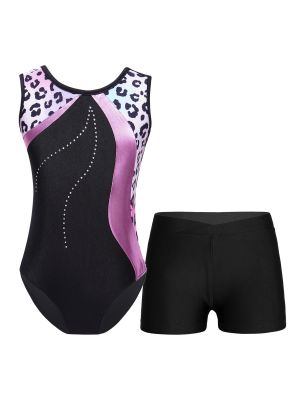 iEFiEL Kids Girls 2 Pieces Gymnastics Dancewear Long Sleeve Leotard and Shorts Set Workout Outfits