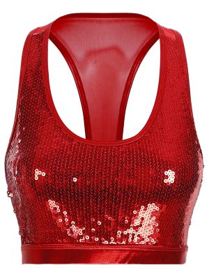 iEFiEL Womens Shiny Sequins Crop Top Racerback Tank Top Latin Jazz Modern Dance Costumes Rave Dance Partywear