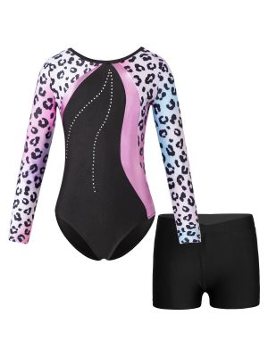 iEFiEL Kids Girls Long Sleeves Gymnastics Leotard with Shorts Set Ballet Dancewear 2 Piece Dance Sports Outfits